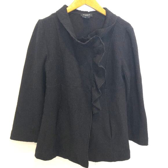 Sandro - Black Boucle 100% Wool Ruffle Cardigan Jacket - Large - Picture 1 of 8